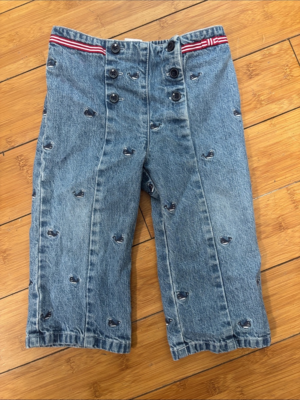 Toddler Whale-Embroidered Denim Jeans with Stripe Waist